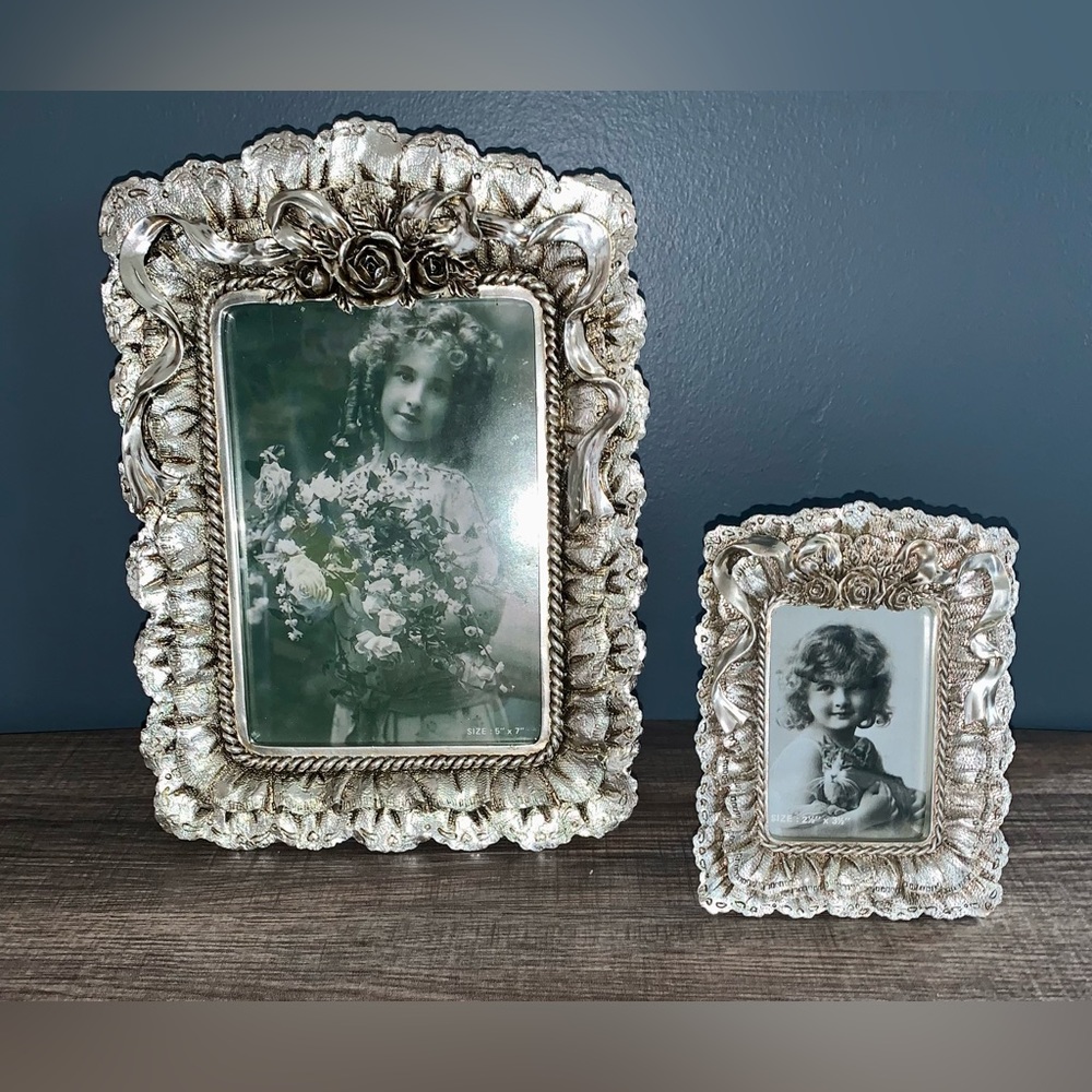 Set of 2 Vintage Ornate Floral Silver Metal Photo Frames NIB